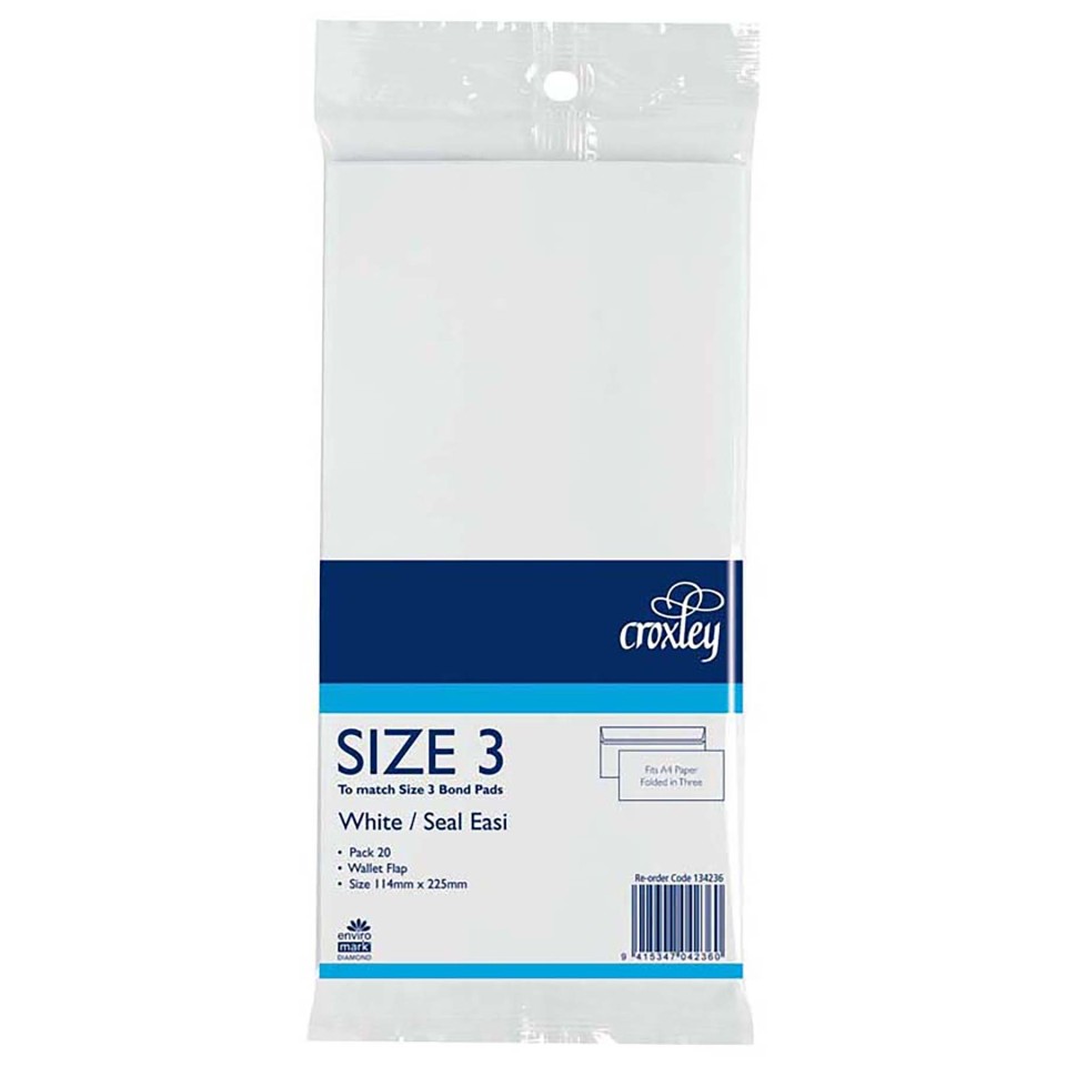 Croxley Envelope Seal Easi Size 3 114mm x 225mm White Pack 20