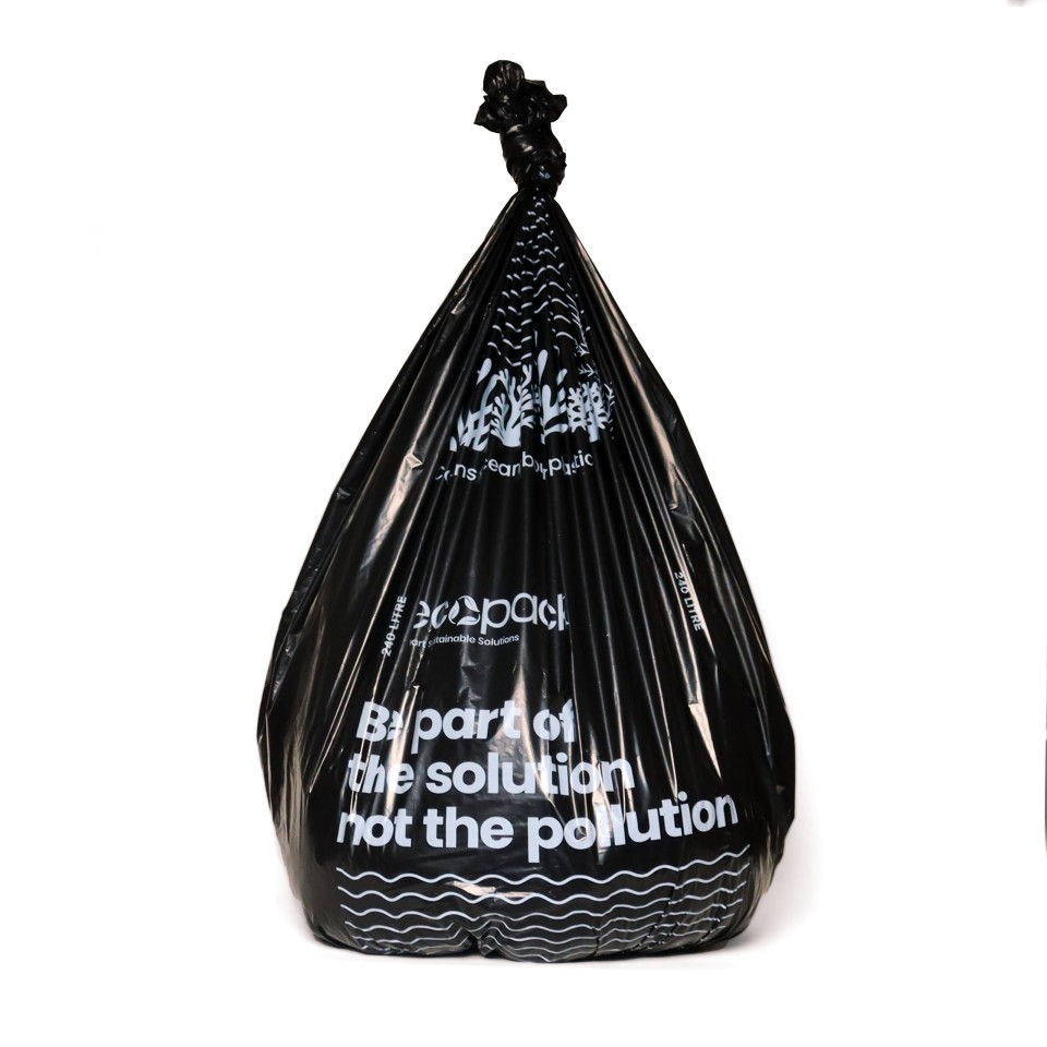 Ecopack 240L Ocean-Bound Recycled Wheelie Bin Liners (600+600) X 1500 (Black) X 25 Bags