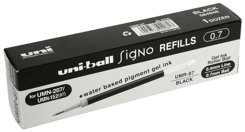 -Black Pack of 12 Uni SigNo UMR-87 0.7mm Gel Pen Refills 07 for UMN-207 