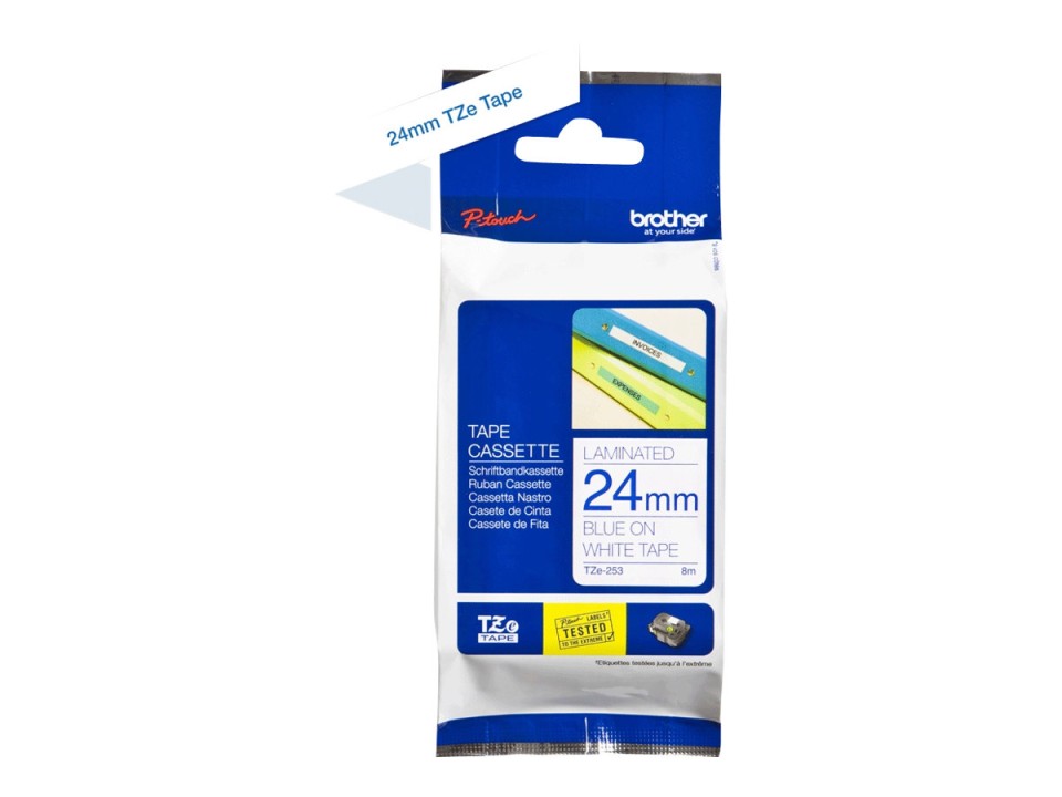 Brother TZe-253 P-Touch Laminated Labelling Tape Blue On White 24mmx8m