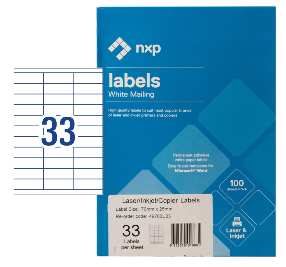 NXP Multi-Purpose Labels Laser Inkjet 70x25mm 33 Per Sheet 3300 Labels