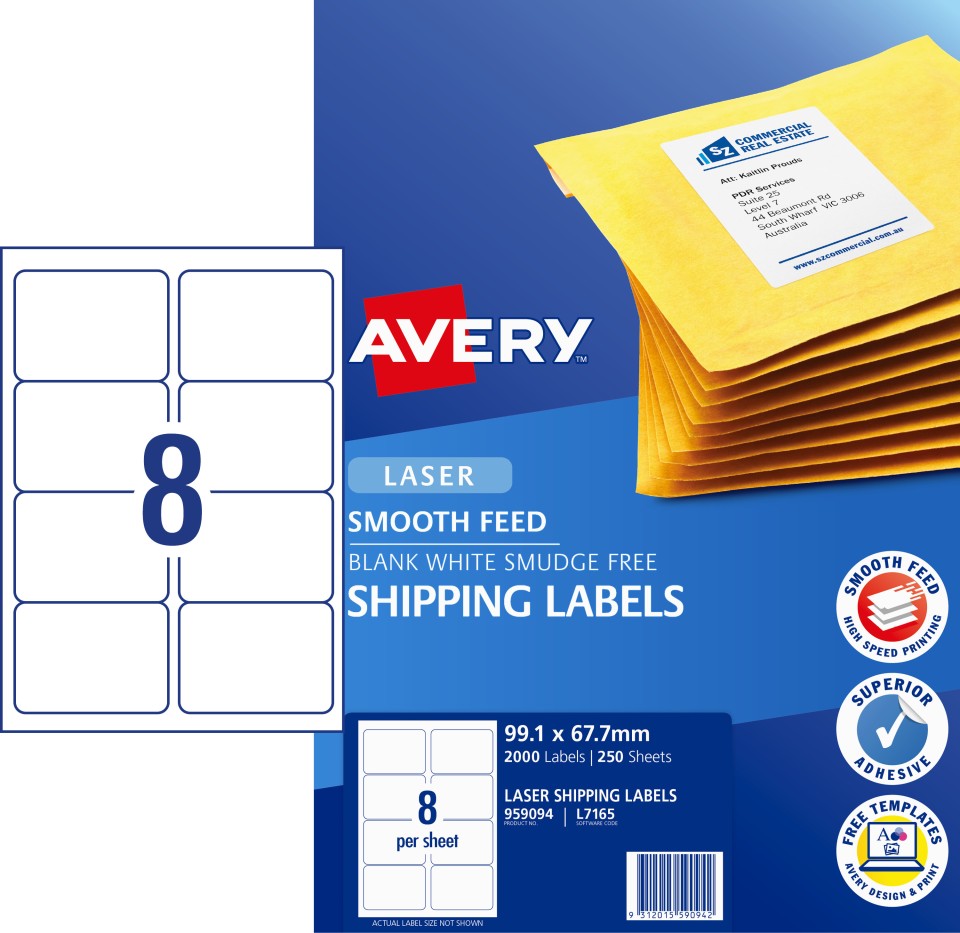 Avery Shipping Labels with Smooth Feed for Laser Printers 99.1 x 67.7mm 2000 Labels (959094 / L7165)