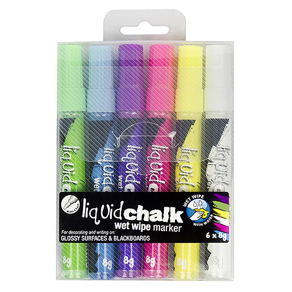 Texta Liquid Chalk Marker Wet-Wipe Bullet Tip Assorted Colours Pack 6