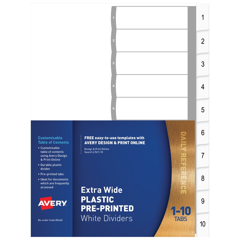 Avery Plastic Preprinted Dividers A4 Extra Wide White 1-10 Tabs