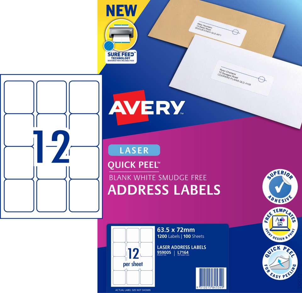 Avery Address Labels Sure Feed Laser Printers 63.5x72mm 12 Per Sheet 1200 Labels 959005 / L7164