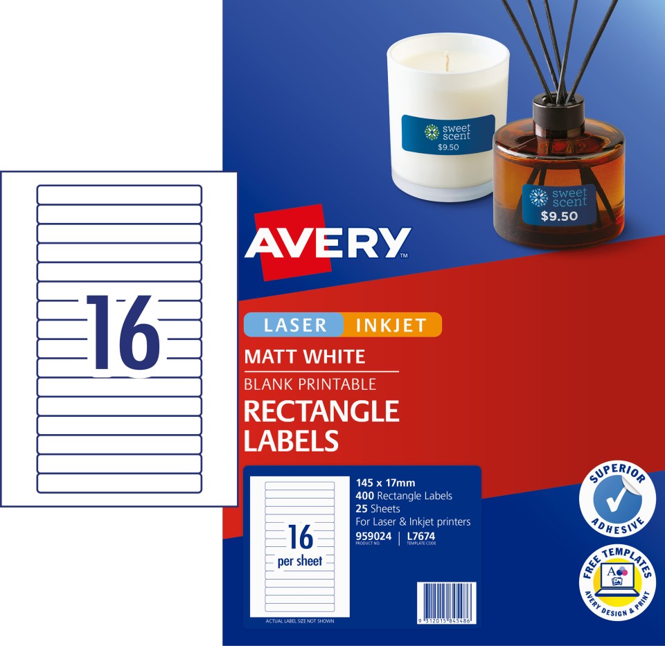 Avery Permanent Labels Laser Inkjet Printers 145x17mm 16 Per Sheet 400 Labels 959024 / L7674