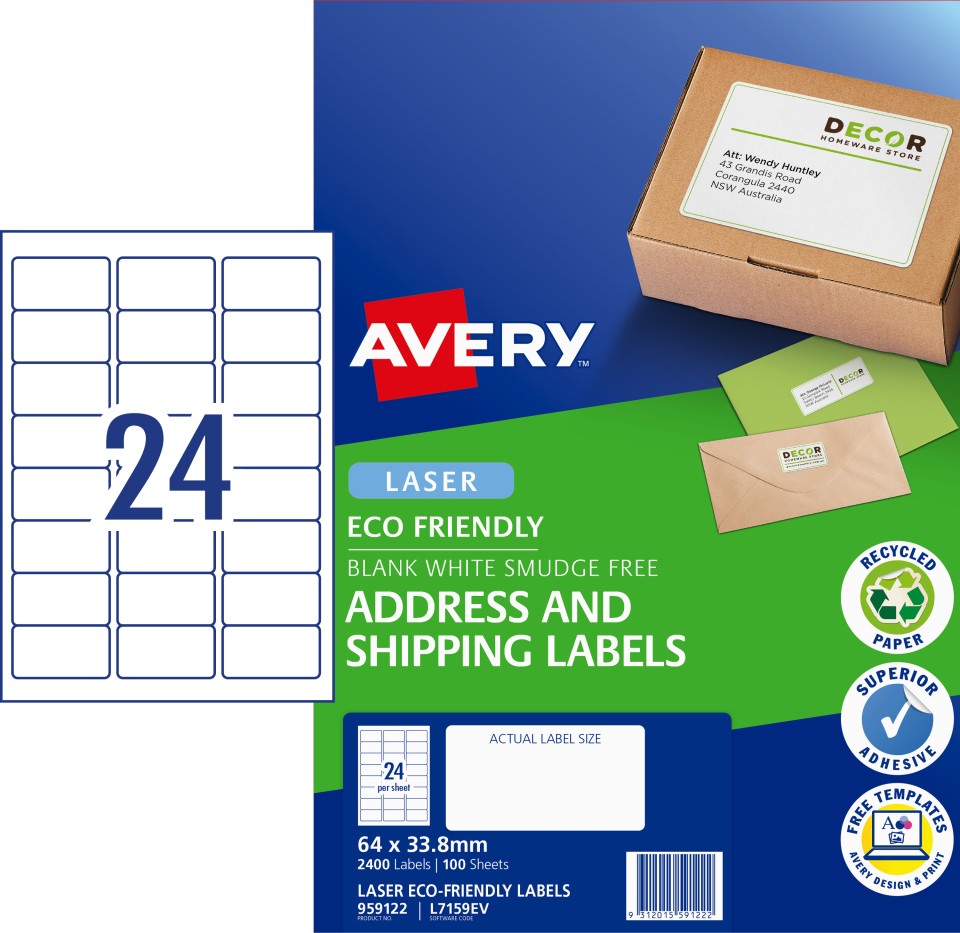 Avery Enviro Address Labels Laser Printers, 64 x 33.8 mm, 2400 Labels (959122 / L7159EV)