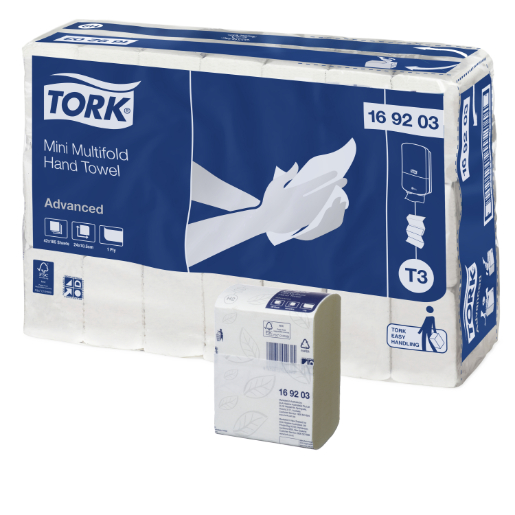 Tork Hand Towel Mini Multifold Advanced 1 Play 169203 T3 185 Sheets White Carton 42