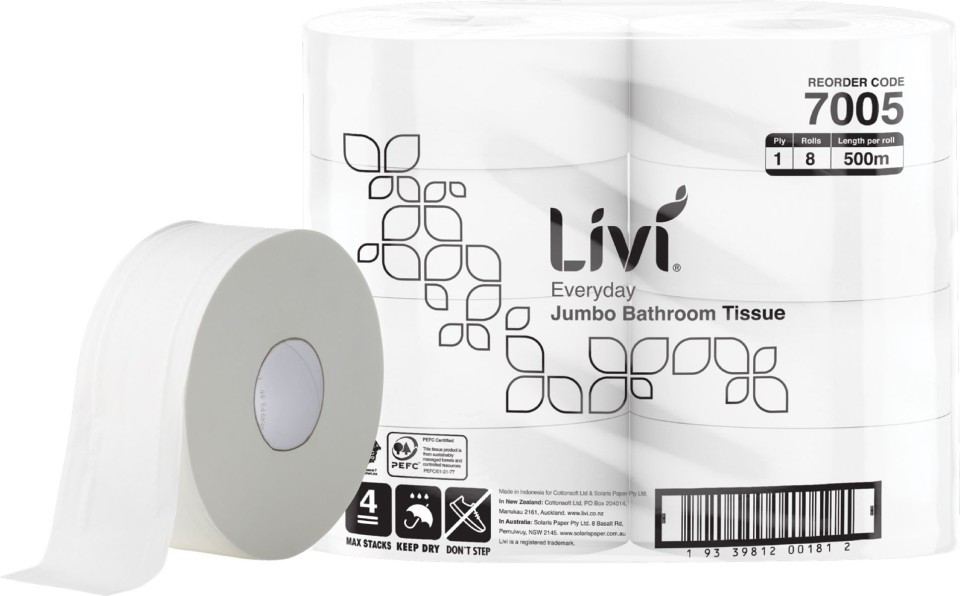 Livi Basic 7005 Jumbo Toilet Tissue 1 ply 500 metres per roll White Carton of 8