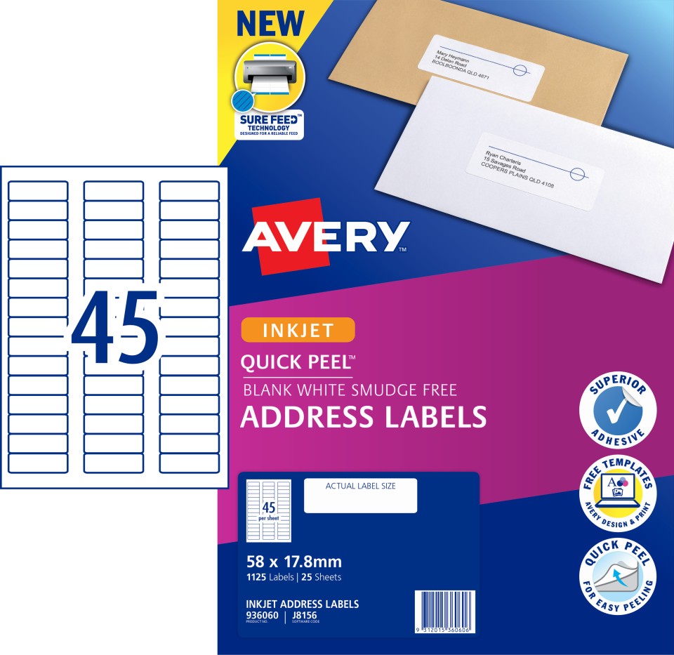 Avery Quick Peel Address Sure Feed Inkjet Printers 58 X 17.8mm Pack 1125 Labels (936060 / J8156)