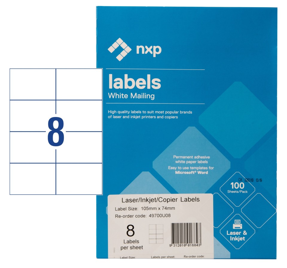 NXP Multi-Purpose Labels Laser Inkjet 105x74mm 8 Per Sheet 800 Labels