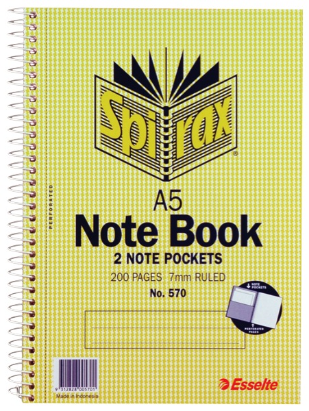 Spirax 570 Spiral Notebook With Pocket A5 200 Pages