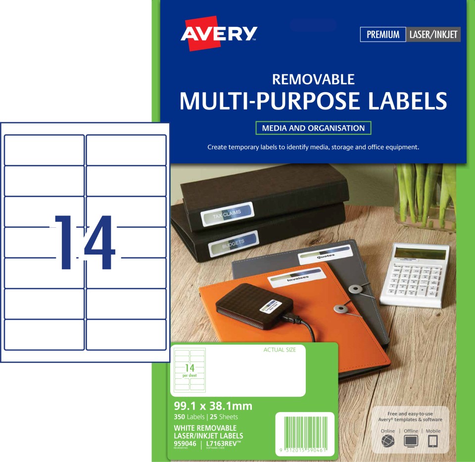 Avery Removable Labels Laser Inkjet Printers 99.1x38.1mm 14 Per Sheet 350 Labels 959046 / L7163REV