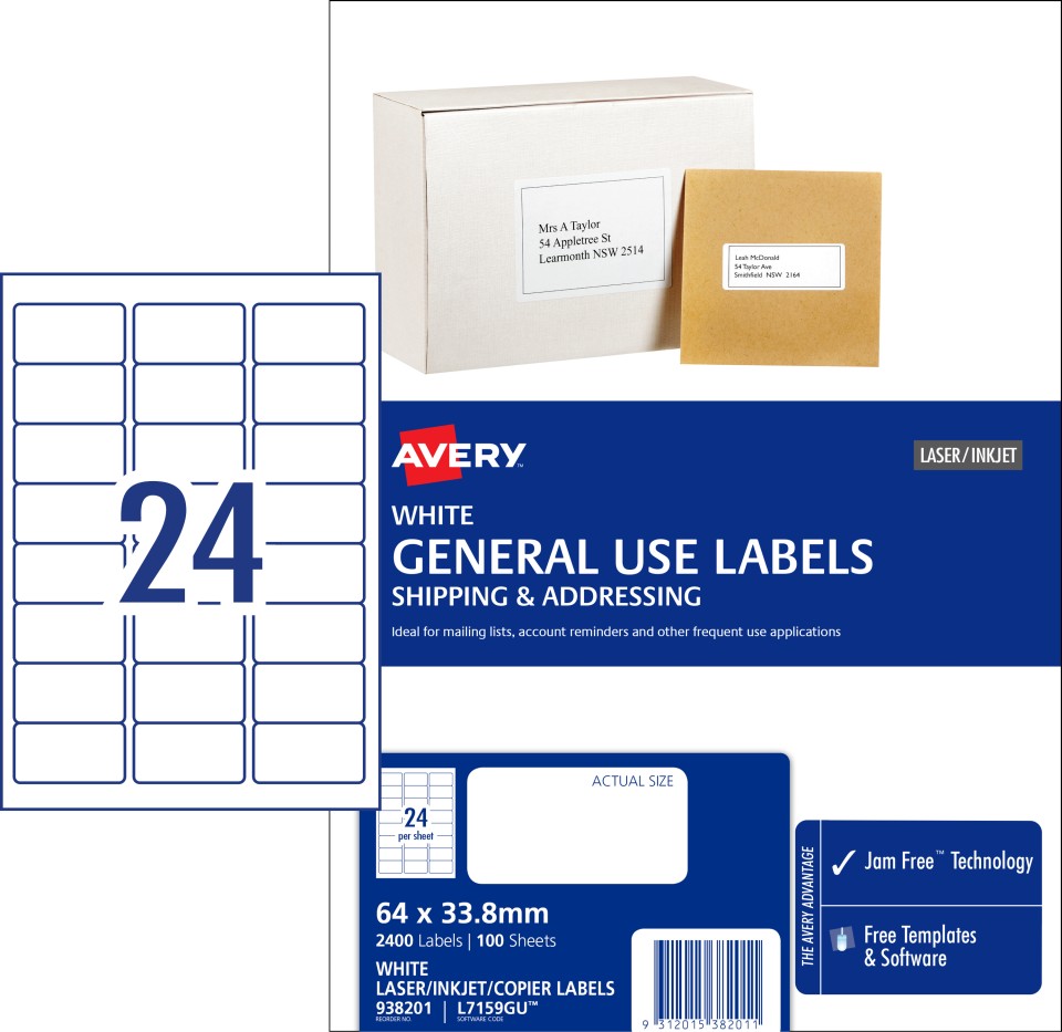 Avery General Use Labels 938201/L7159GU 64x33.8mm 24 Per Sheet White Pack 2400 Labels
