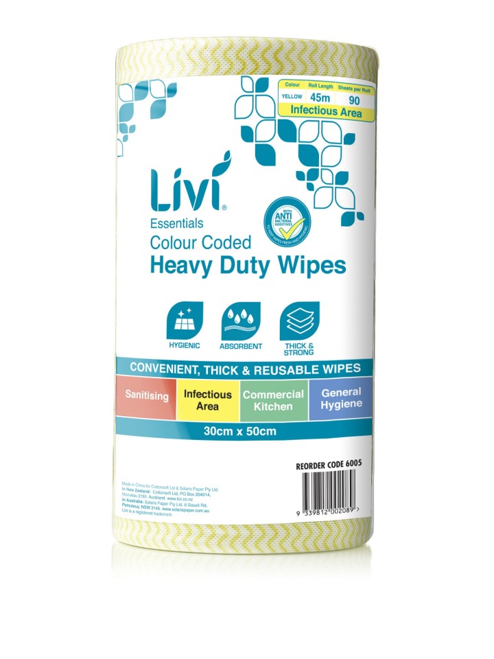 Livi Essentials Colour Coded Heavy Duty Wipes 90 Sheets per roll Yellow