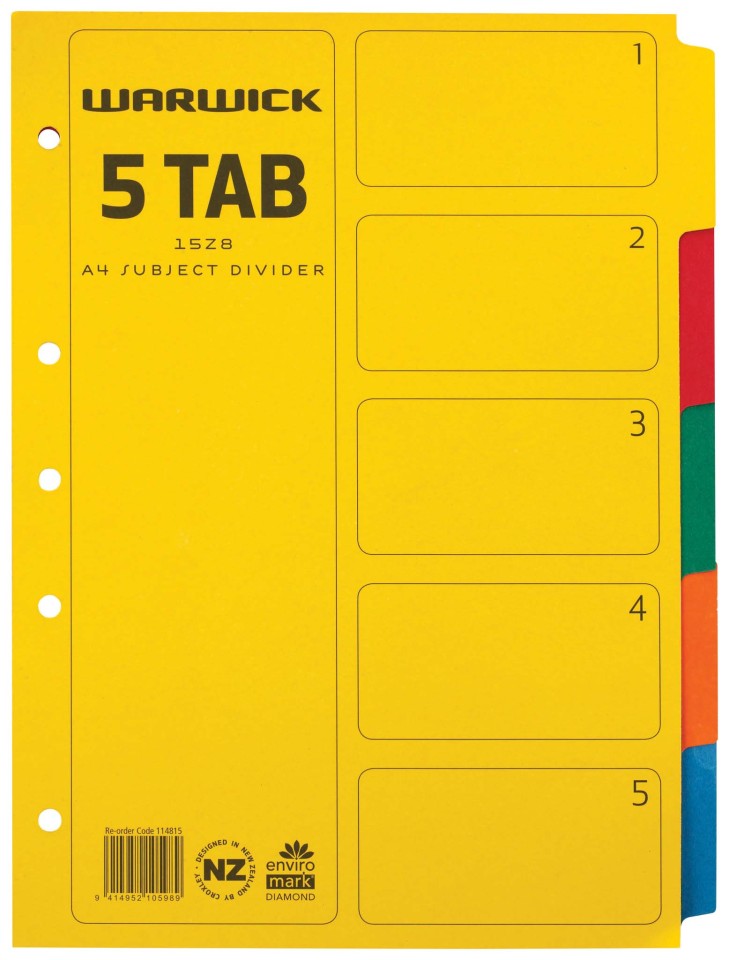 Warwick 15Z8 Dividers 5 Tab A4 Coloured