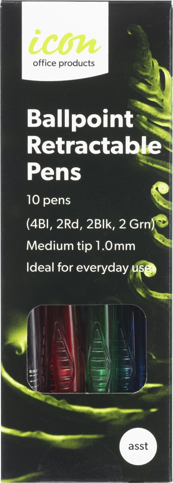 Icon Ballpoint Pen Retractable 1.0mm Assorted Colours Pack 10