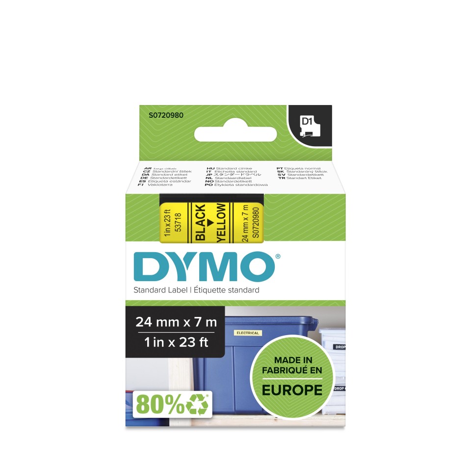 Dymo D1 Label Printer Tape Black On Yellow 24mmx7m