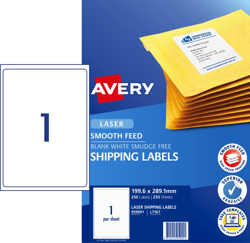 Avery Shipping Labels with Smooth Feed Laser Printers 199.6 x 289.1mm 250 Labels (959091 / L7167)