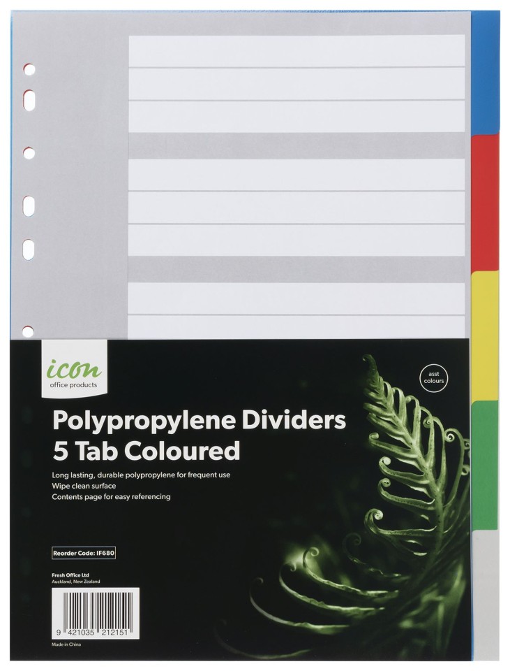 Icon Dividers Polyprop 5 Tab A4 White with Assorted Tabs