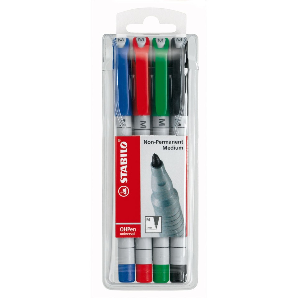 Stabilo Overhead Projection Pen Water Soluble Medium Assorted Colours Pack 4