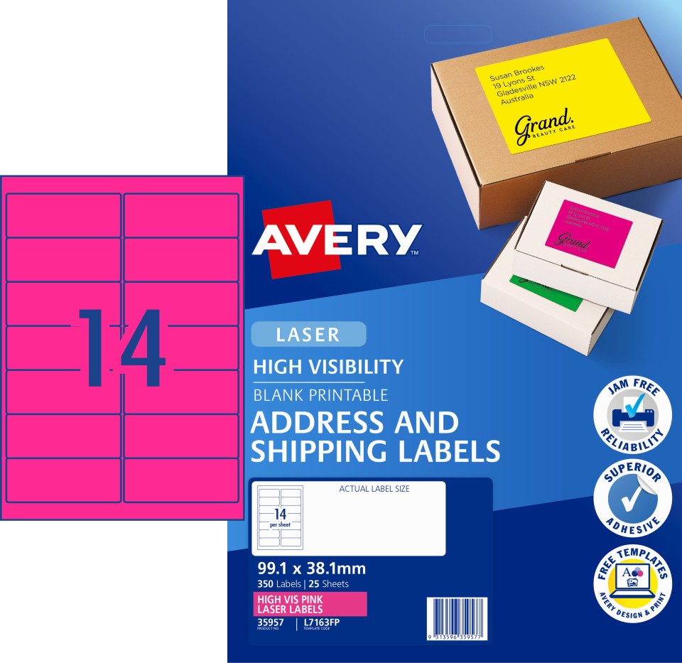 Avery Shipping Labels Laser Printer High Vis 35957/L7163FP 99.1x38.1mm Fluoro Pink Pack 350 Labels
