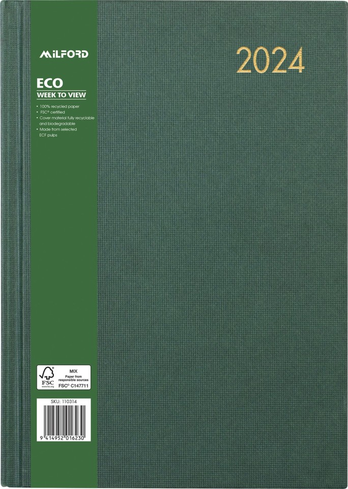 Milford 2024 Hardcover Eco Diary A4 Week To View Green