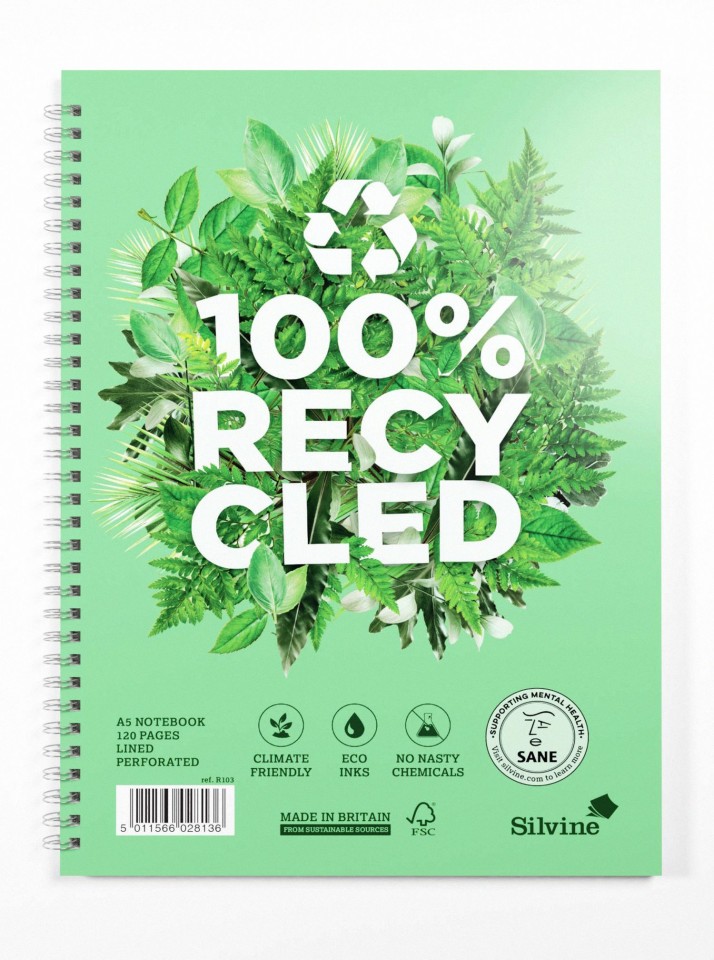 Silvine 100% Recycled Spiral Notebook A5 Ruled 120 Pages