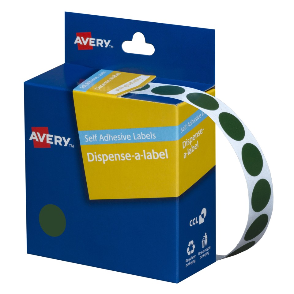 Avery Dot Stickers Dispenser 937238/937375 14mm Diameter Green Pack 1050