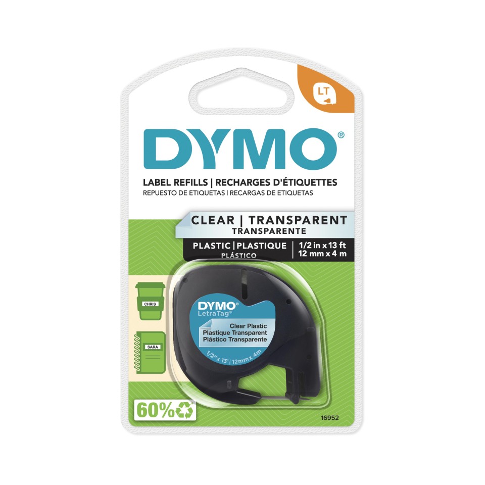 Dymo LetraTag Labelling Tape Plastic 12mmx4m Black On Clear