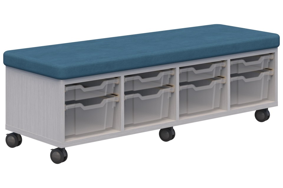 Ako Sit & Store. 470h X 1380l X 450d. Silver Strata Carcass With Ashcroft Teal Upholstery.