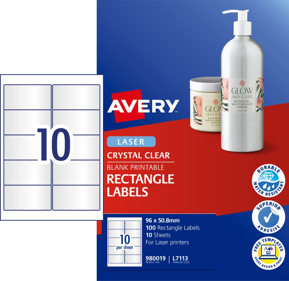 Avery Crystal Clear Rectangle Labels for Laser Printers, 96 x 50.8 mm, 100 Labels (980019 / L7113)