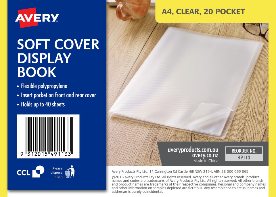 Avery Soft Cover Polypropylene Display Book 20 Pocket A4 Clear Pack 12