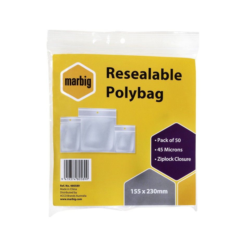 Marbig Resealable Polybag Ziplock Closure 155x230mm 40 Microns Pack 50