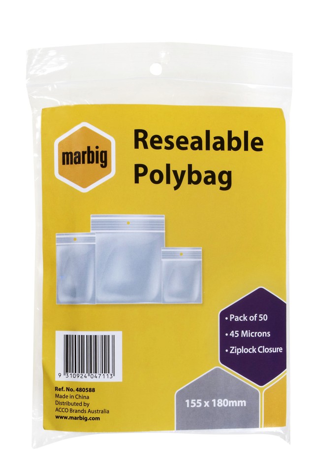 Marbig Resealable Polybag Ziplock Closure 155x180mm 45 Microns Pack 50
