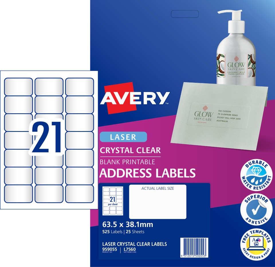 Avery Crystal Clear Address Labels Laser Printers, 63.5 x 38.1 mm, 525 Labels (959055 / L7560)