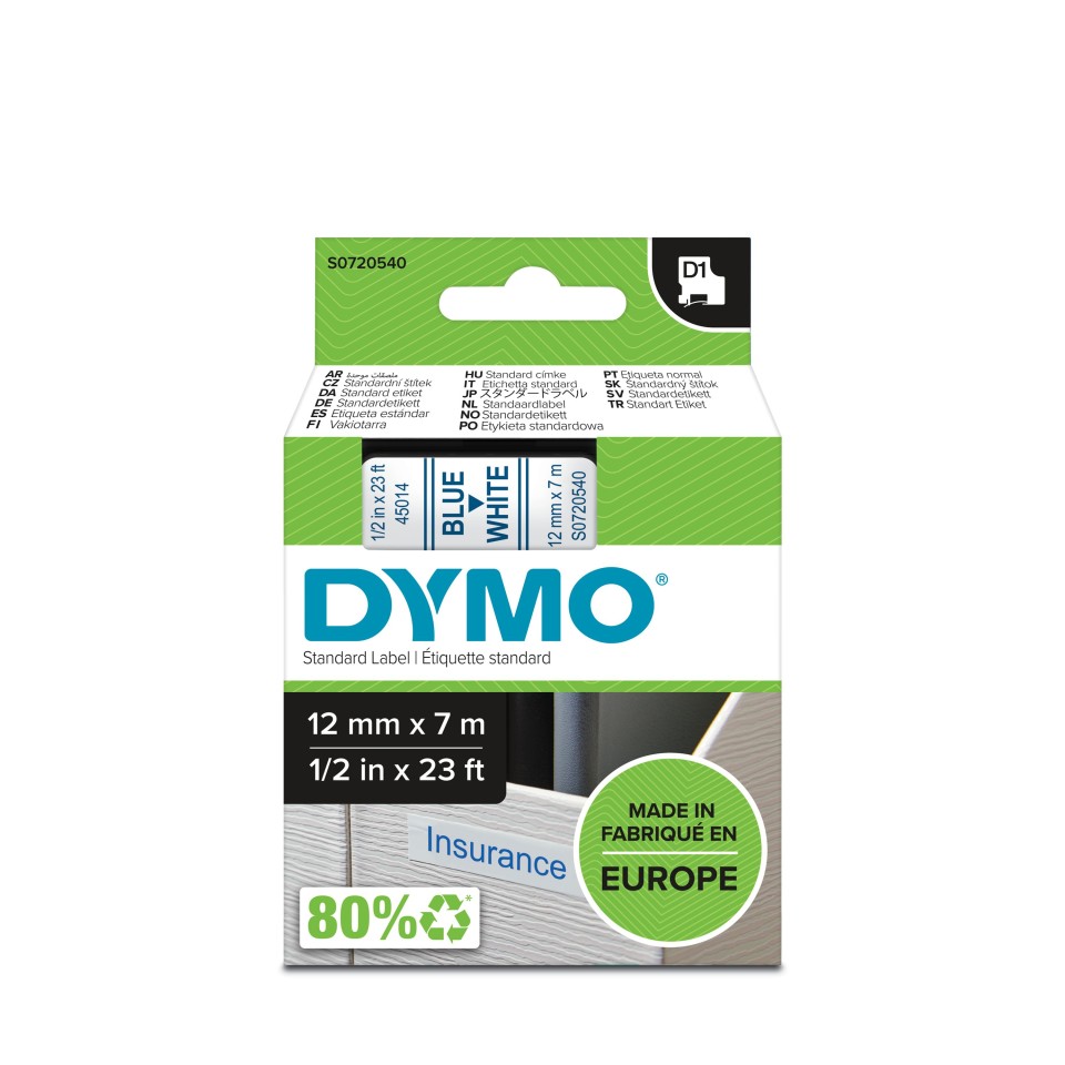 Dymo D1 Labelling Tape 12mmx7m Blue On White