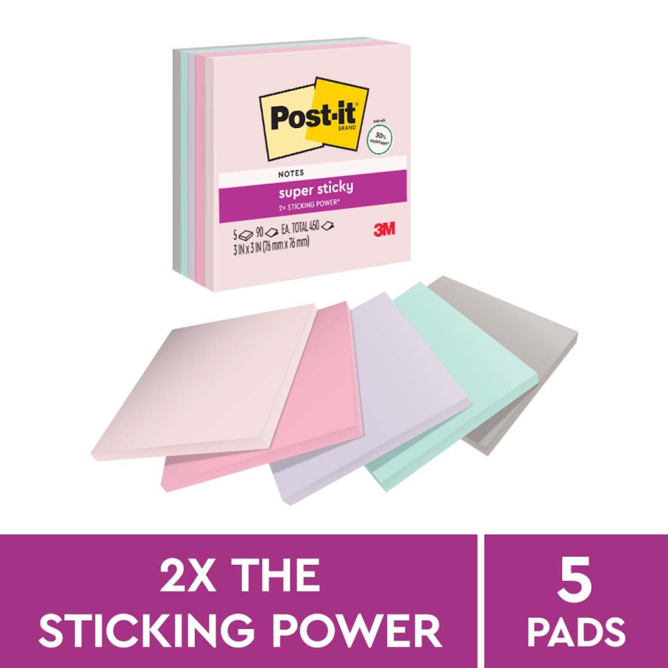 Post-it Super Sticky Self-Adhesive Notes 654-5SSNRP Wanderlust 76x76mm Assorted Colours Pack 5