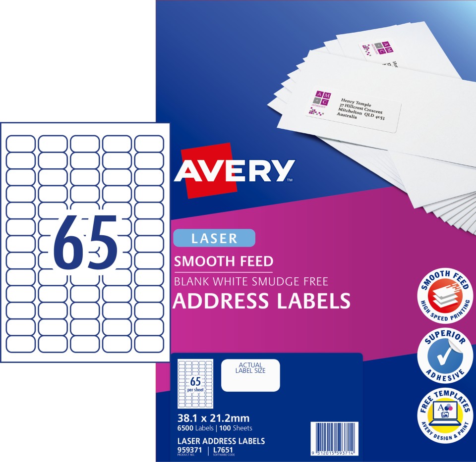 Avery Address Labels Smooth Feed Laser Printers 38.1 X 21.2mm Pack 6500 Labels (959371 / L7651)