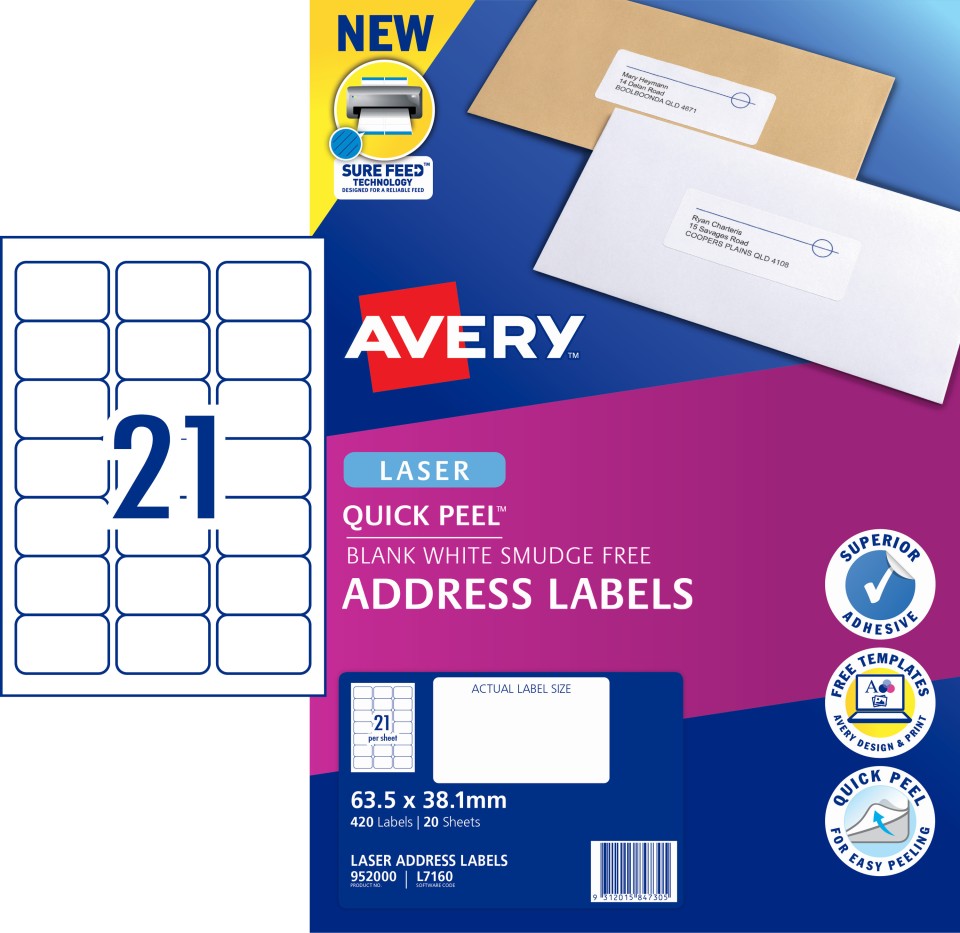 Avery Address Labels Sure Feed Laser Printer 952000/L7160 63.5x38.1mm 21 Per Sheet Pack 420 Labels