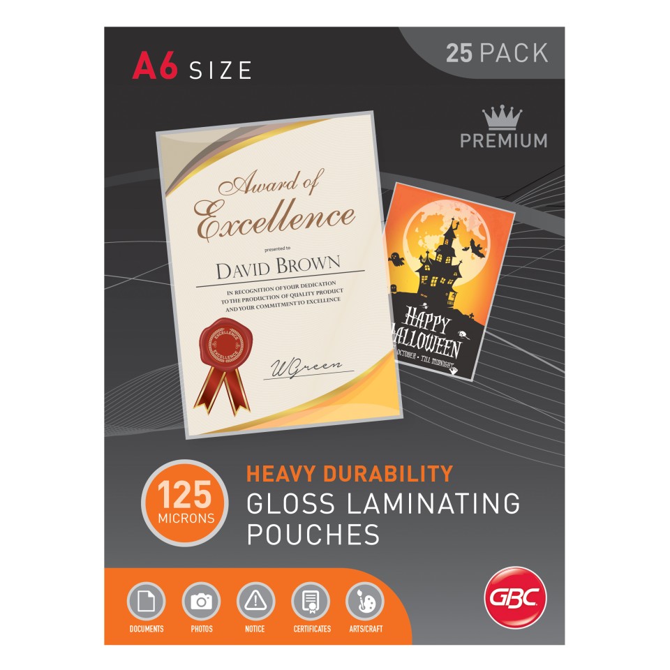 GBC Laminating Pouches Gloss A6 125 Micron Pack 25