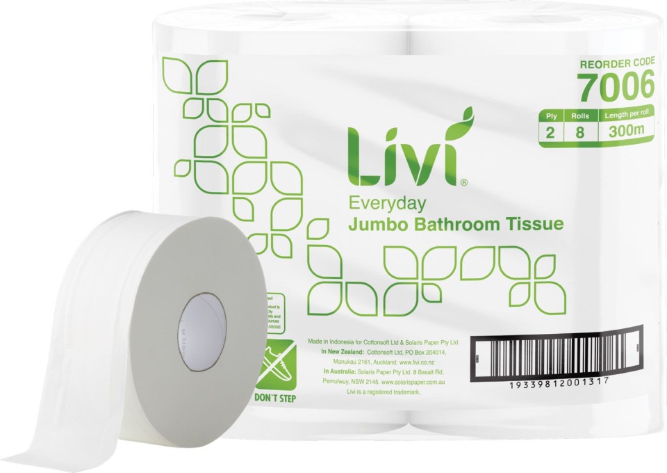 Livi Basic 7006 Jumbo Toilet Tissue 2 ply 300 metres per roll White Carton of 8