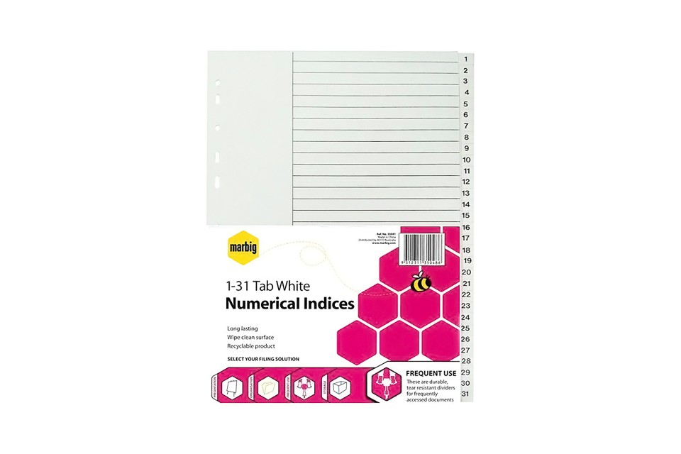 Marbig Indices Plastic 1-31 Tab A4 White