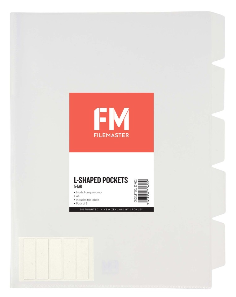FM L Shaped Pockets 5 Tab A4 Clear Pack 5