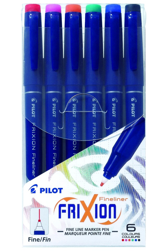 Pilot Frixion Fineliner Pen SW-FF-S6 HS Erasable Fine 0.45mm Assorted Colours Pack 6