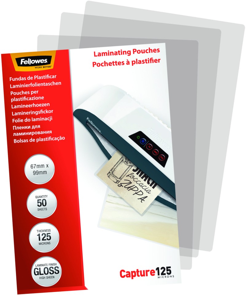 Fellowes Laminating Pouches Gloss 67 x 99mm 125 Micron Pack 50