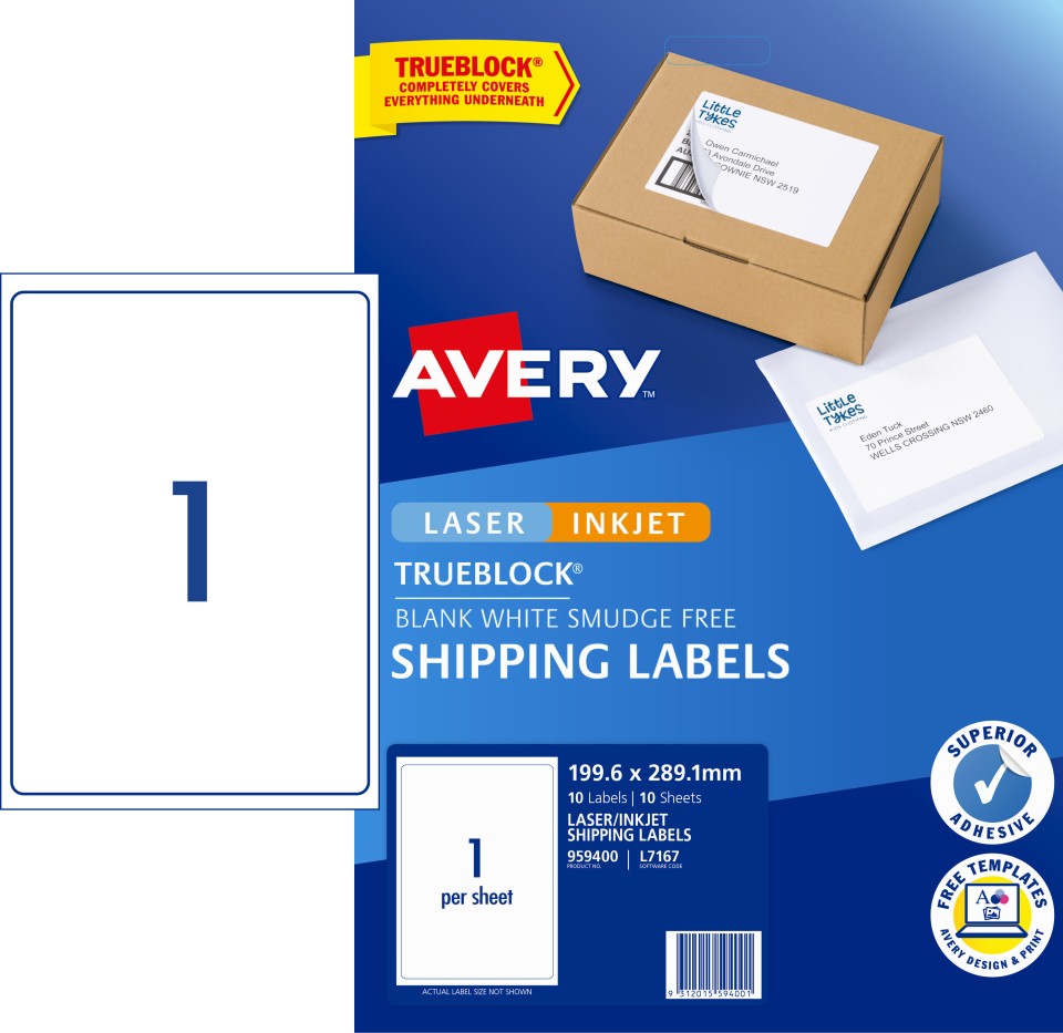 Avery Internet Shipping Labels for Laser Inkjet Printers 199.6 x 289.1mm 10 Labels (959400 / L7167)