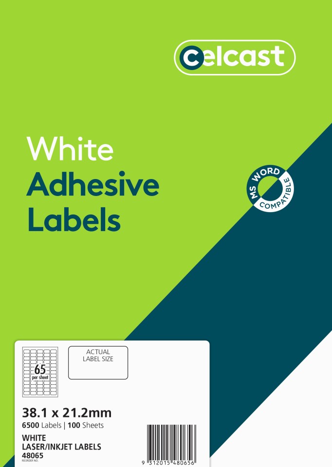 Celcast Labels 48065 38x21.2mm 65 Per Sheet Pack 6500 Labels