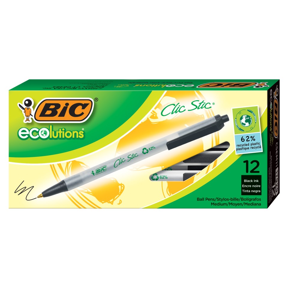 BIC Ecolutions Clic Stic Ballpoint Pen Retractable Medium 1.0mm Black Box 12