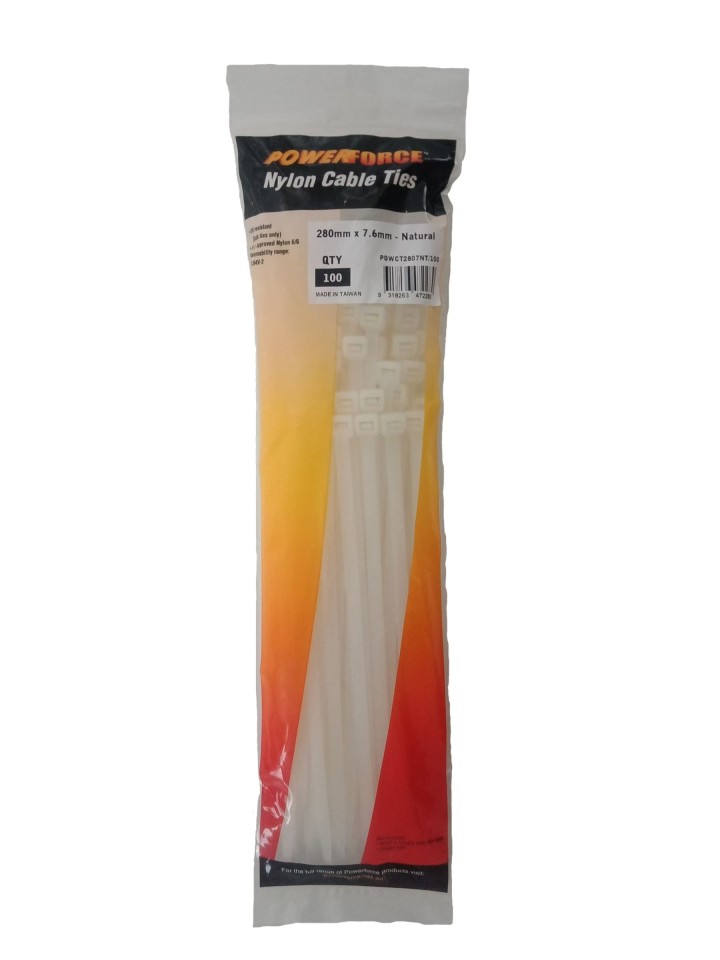 Powerforce Cable Tie Natural 280mm x 7.6mm Nylon 100pk